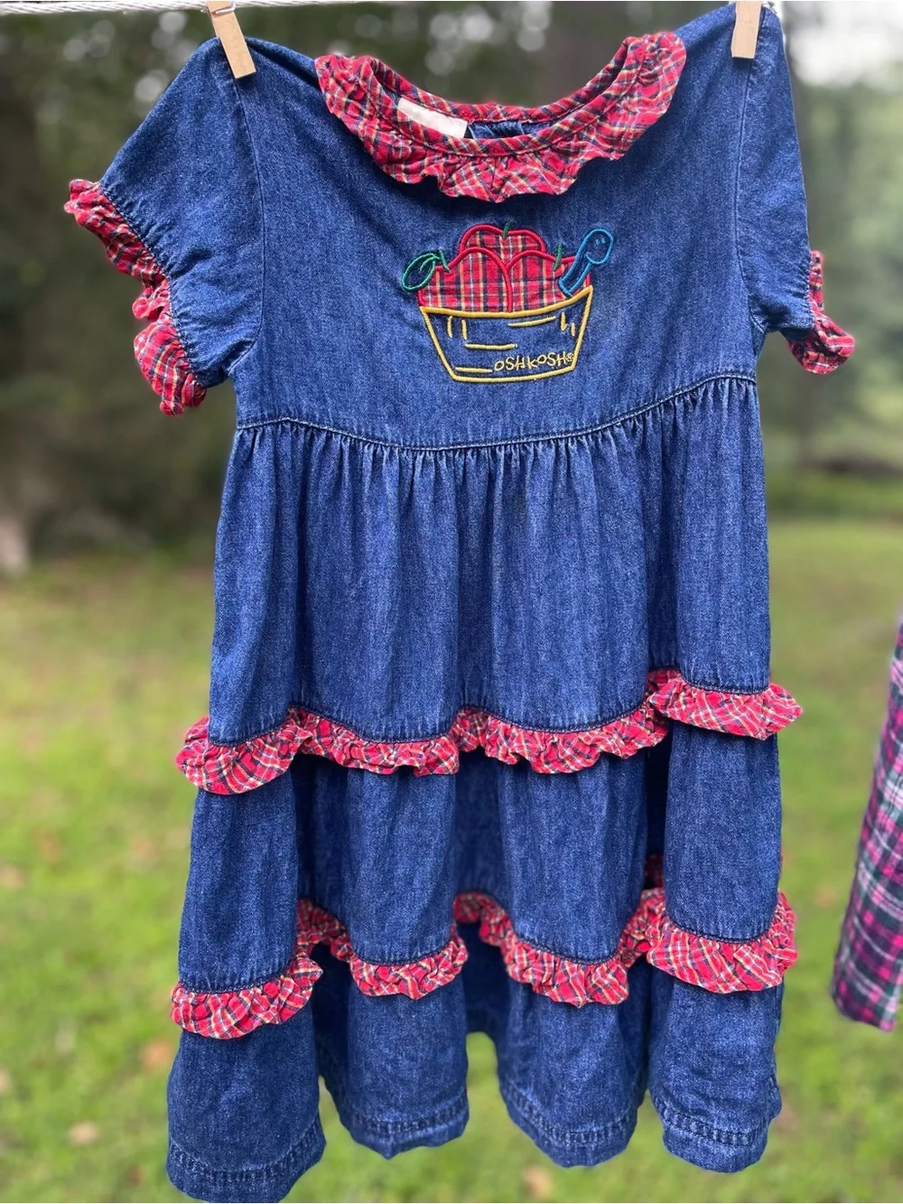 Vintage OshKosh Collection 100% Cotton Denim Tiered Dress w/ Plaid Ruffles
